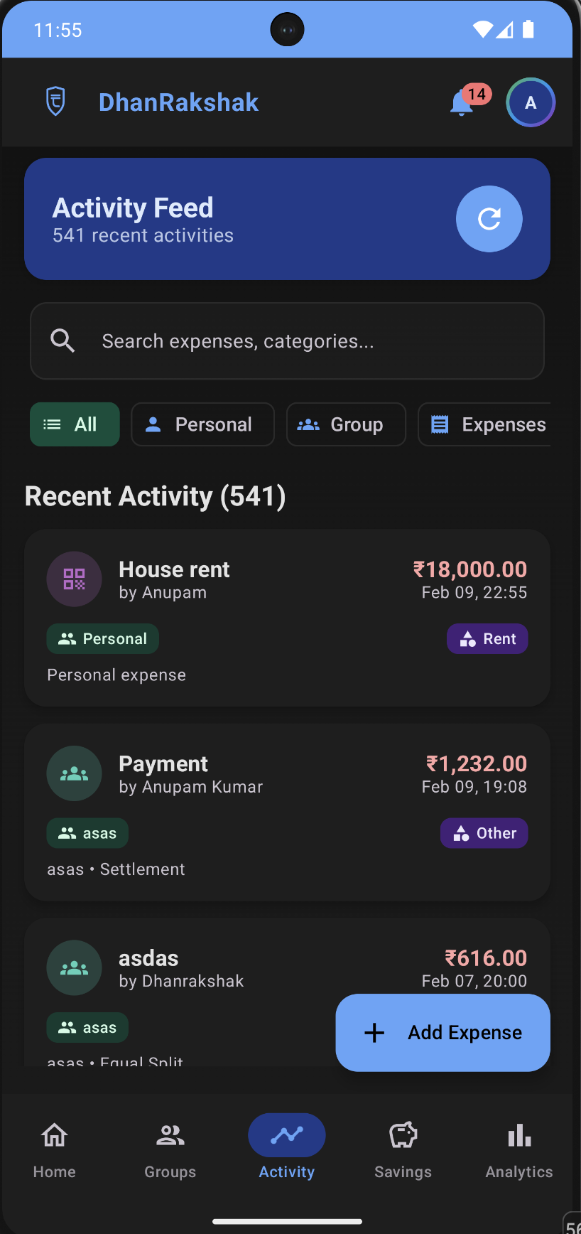 DhanRakshak Activity Feed - Dark Mode