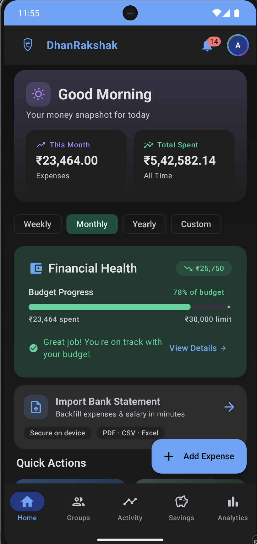 DhanRakshak Home Dashboard - Dark Mode