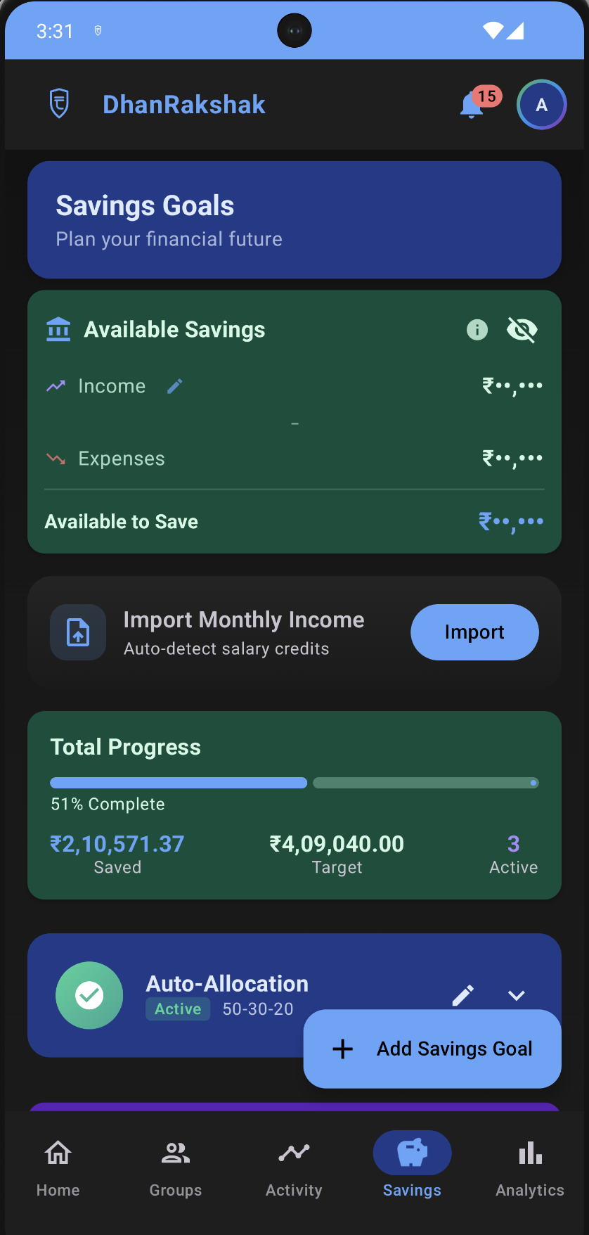 DhanRakshak Savings Goals - Dark Mode
