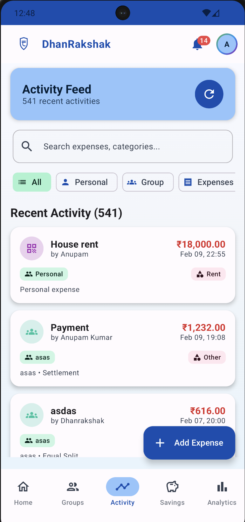 DhanRakshak Activity Feed - Light Mode