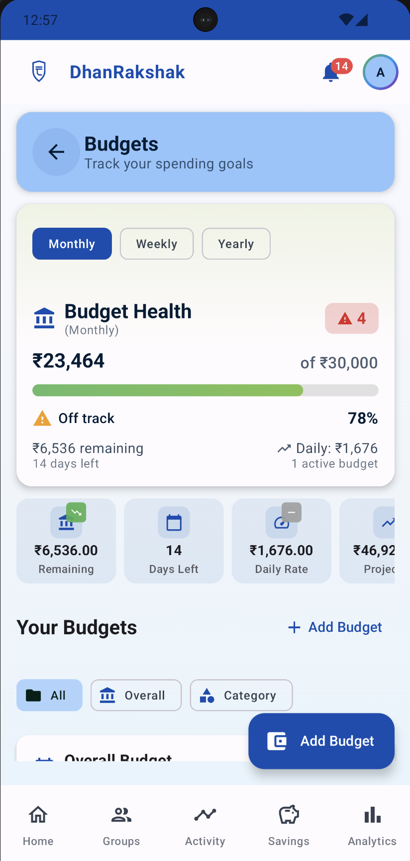 DhanRakshak Budget Health - Light Mode