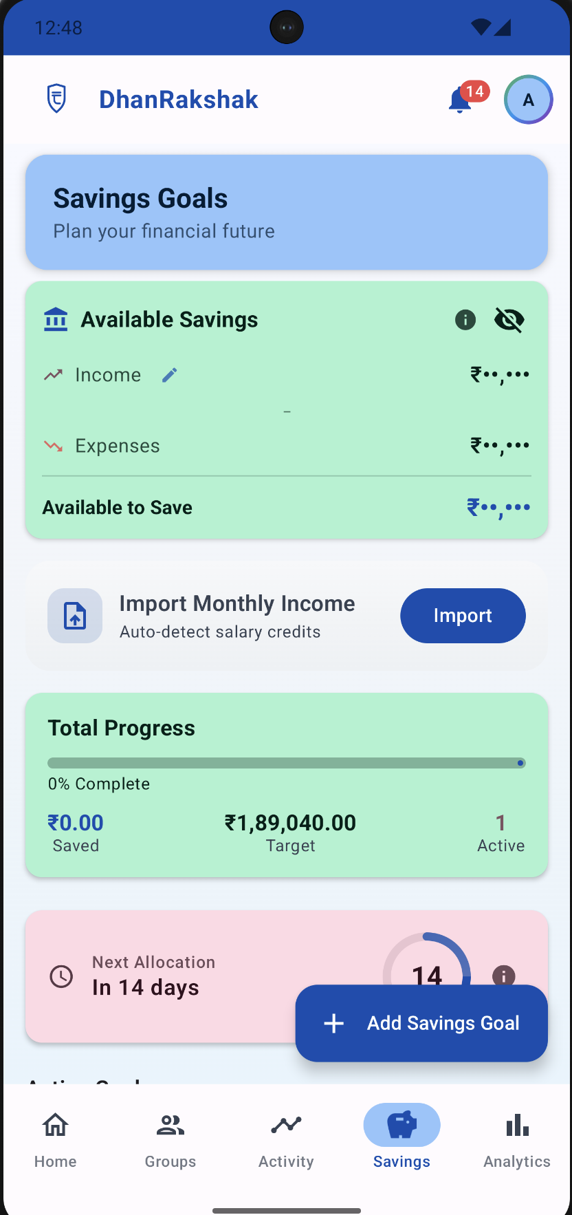 DhanRakshak Savings Goals - Light Mode